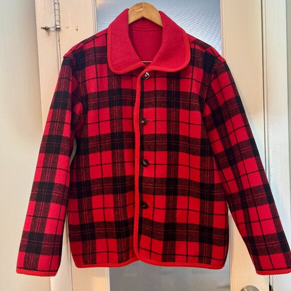 🧥 Vintage Reversible 100% Wool Plaid Jacket | Red Buffalo Check / Solid Red | M - Picture 1 of 5